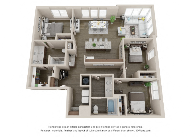 Floor plan for 3 beds, 2 baths, 1431 sqft